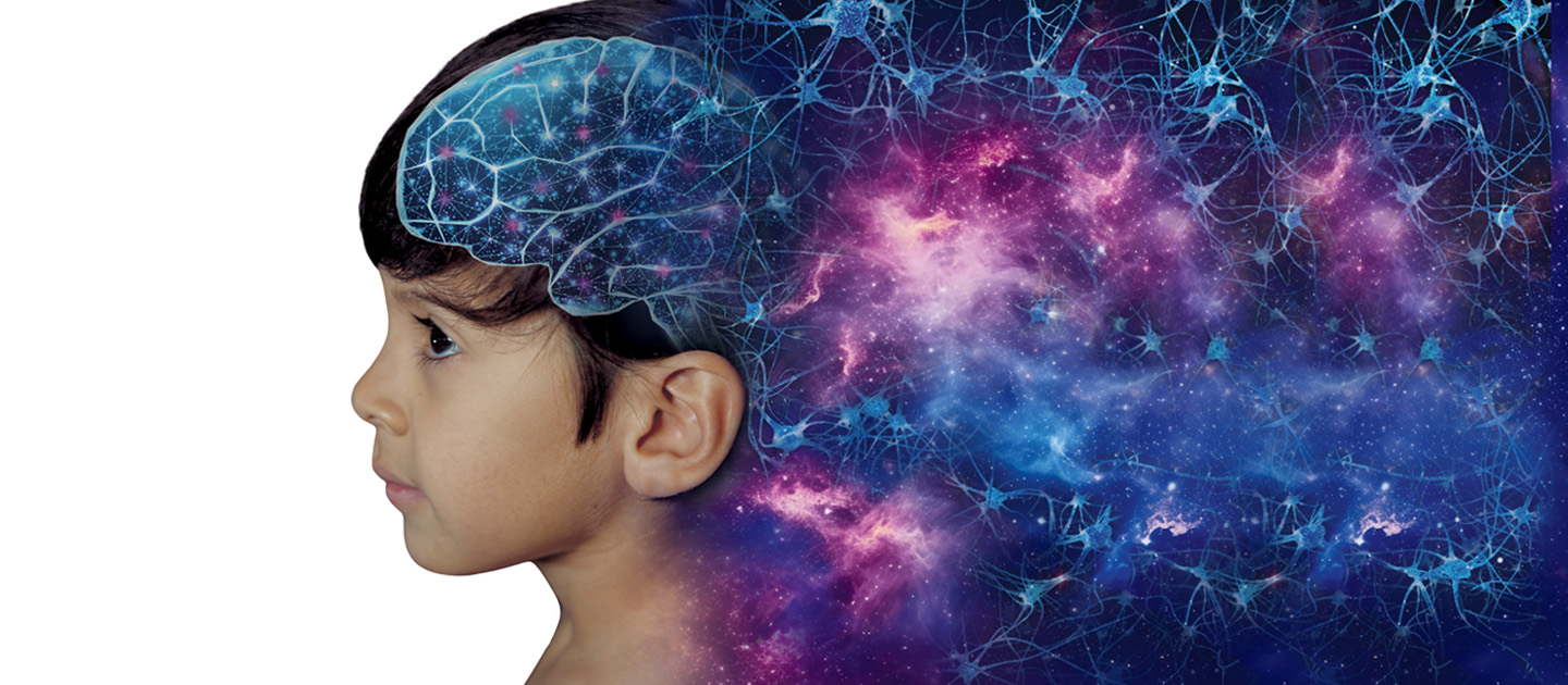 Artistic rendering of child with universe flowing out behind him.